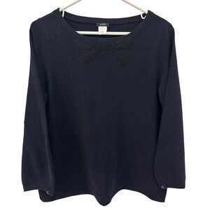 J. Crew Navy Beaded Bow‎ Sweater Size L Wool Cashmere Blend 3/4 Sleeve